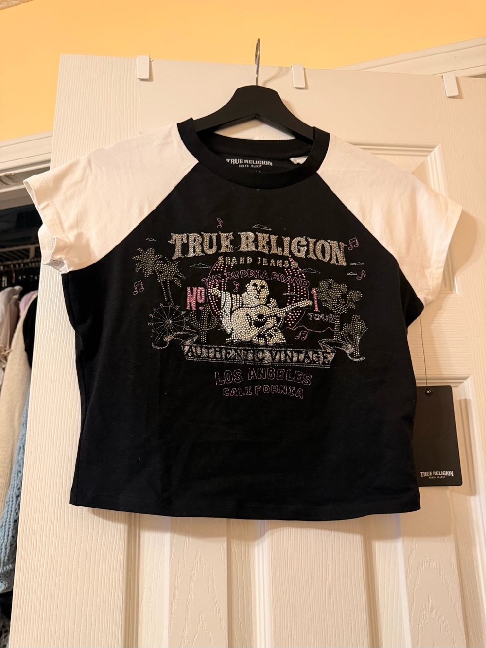 True Religion Black & White Graphic Raglan Crop Top
